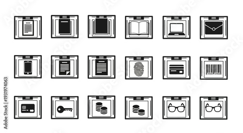 Collection of various black and white icons representing different devices and elements displayed on a grid