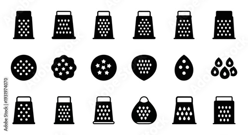 A collection of kitchen grater and food icons displayed in a grid pattern on a clean background from a straightforward viewpoint