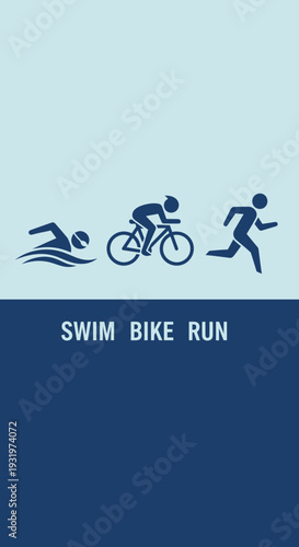 Depiction Of A Triathlon Athlete's Swim, Cycle, and Run Sequence On A Blue Background