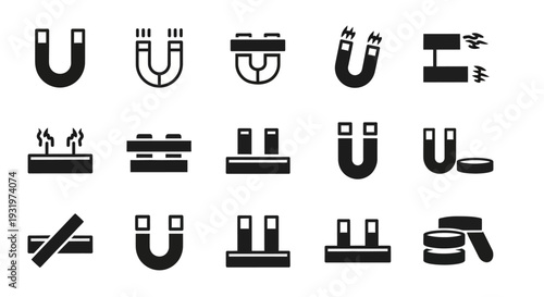 Collection of Black and White Magnet Icons Showing Various Magnetic Properties and Applications