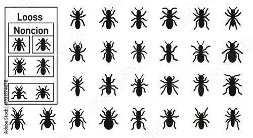 Collection of various insect silhouettes displayed on a grid layout with sample icons and text labels