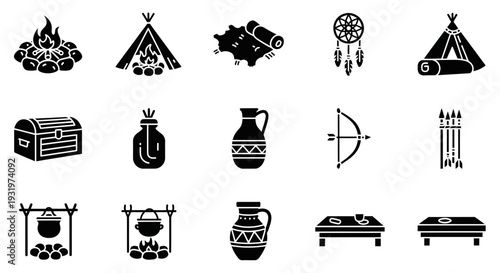 Collection of Cultural Icons and Symbols Representing Traditional Lifestyle and Heritage in a Simple Line Art Style