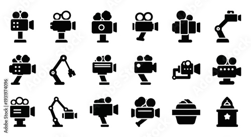 Collection of camera icons representing various filmmaking equipment and techniques in a grid layout