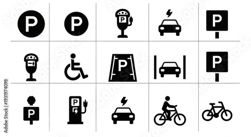 Collection of parking and transportation icons displayed in a grid layout
