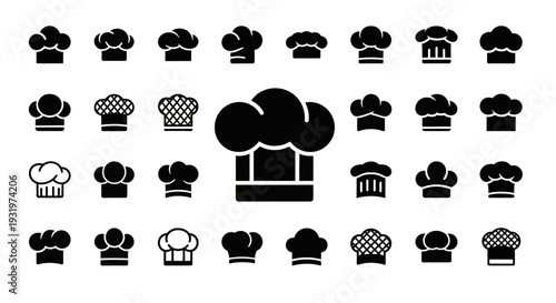 Collection of Various Chef Hats and Headwear Icons in Black and White Illustrations