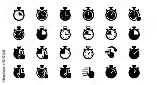 Collection of stopwatch icons in various designs and styles on white