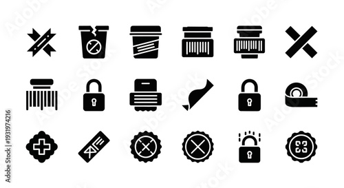 Collection of black icons representing security and settings on a clean white background