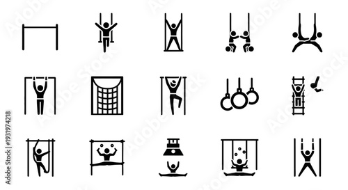 A collection of simple black line icons depicting various gymnastic exercises and apparatus viewed from different angles