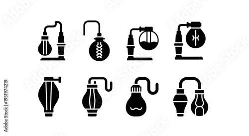 Collection of Laboratory Equipment Icons Featuring Flasks and Beakers in Simple Black Illustrations