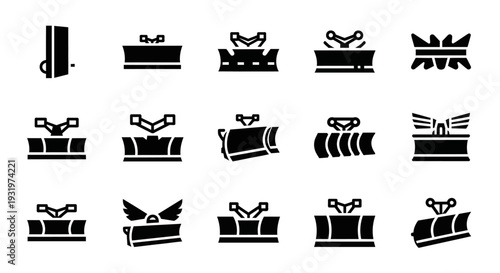 Collection of black icons representing various gift boxes and ribbons on a white background, viewed directly from above, showcasing different packaging styles.