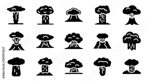Collection of black nuclear explosion icons on transparent background illustrating various stages and types of nuclear blasts from different viewpoints