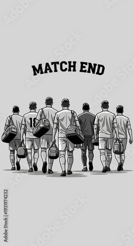 Depiction Of Football Team Players After Game Conclusion, Heading Away, Monochrome Render