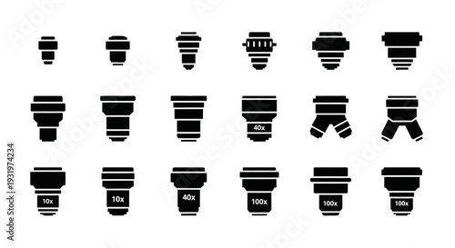 Collection of camera lens icons displayed in a grid pattern on a clean white background