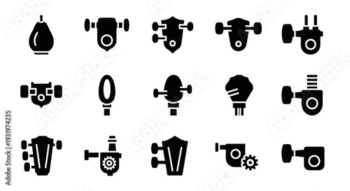 Collection of Industrial Machine Icons Illustrating Mechanical Devices and Equipment