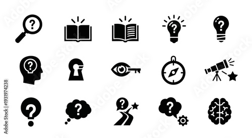 Collection of black icons representing ideas, knowledge, and curiosity on a plain background from a straightforward viewpoint