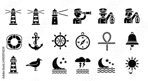 Sailor's Navigation Icons Set Featuring Lighthouse, Anchor, and Weather Symbols on White Background from Direct Viewpoint
