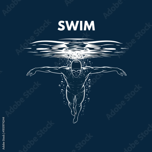 Depiction Of A Swimmer Underwater With Text Swimming Above Illustrating Water Movement
