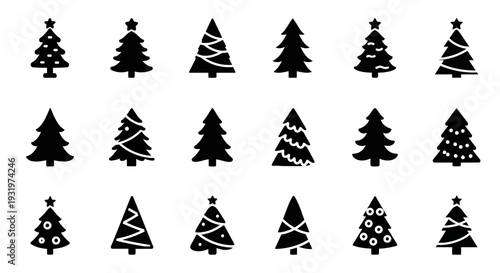 Collection of stylized Christmas tree silhouettes with varying decoration patterns and star tops on a plain background