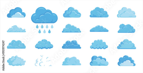 Blue cartoon clouds and rain, stylized weather elements for design, summer shower icon