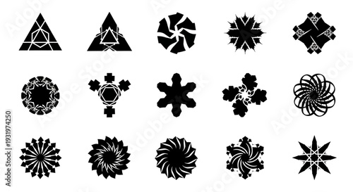 Collection of abstract black geometric shapes and floral patterns arranged in a grid on a plain surface from a direct viewpoint