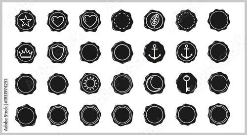 Collection of diverse icons displayed on circular badges in a grid arrangement