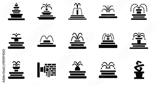 Various black and white illustrations of fountains and plants on display