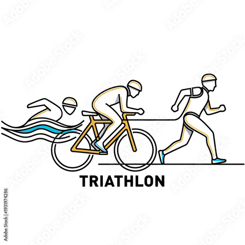 Depiction of Triathlon Participants: Swimming, Cycling, and Running in a Line Art Style
