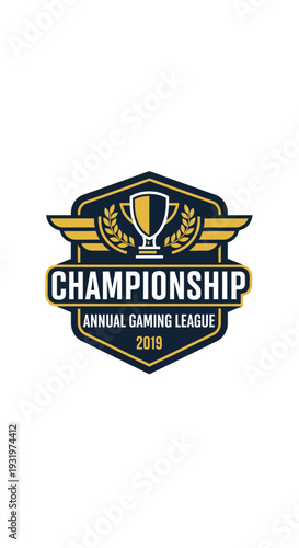 Distinctive Gaming League Championship Emblem Featuring Trophy, Wings, and Elegant Design