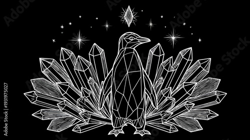 A geometric penguin illustration surrounded by crystals and stars on a black background