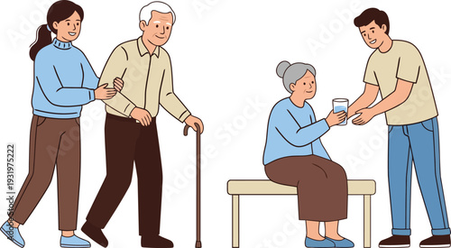 A young woman assists an elderly man with a walking cane while another young man helps an elderly woman with a glass of water