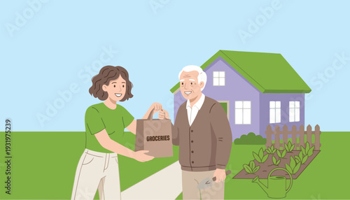 A woman hands a bag of groceries to an elderly man in front of a house
