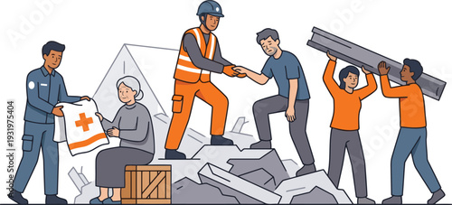 A group of people working together to help each other after a disaster with a tent and debris in the background