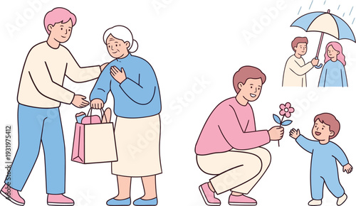 A heartwarming illustration of people showing love and care for each other in various tender moments.