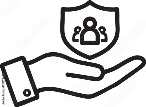 Conceptual Line Icon of a Hand Holding a Shield with People Symbols for Protection and Care