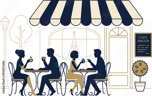 A group of people sitting at tables outside a cafe with a striped awning and a sign that reads Cafe Amour