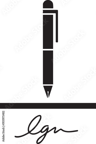 Legal Documentation Icon: Minimalist Black and White Vector of a Fountain Pen Positioned Above a Signature Line and Cursive Autograph
