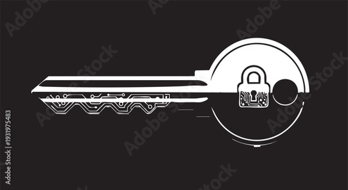 Cyber Security Concept: Abstract White Digital Key with Integrated Circuitry and Padlock Icon on a Solid Black Background 