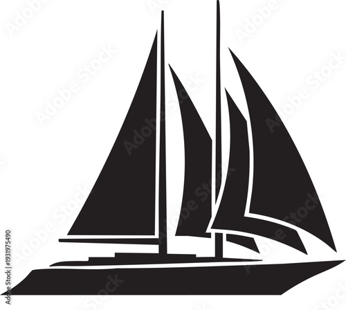 Sailing Schooner Silhouette: Minimalist Black and White Vector Illustration of a Classic Two-Masted Sailboat on Calm Waters