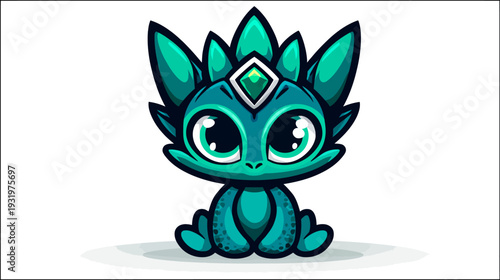 Adorable turquoise creature with big eyes and head crest, sitting, shadow underneath
