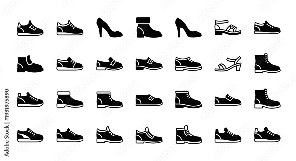 Obraz premium Collection of various shoe styles and designs displayed in a grid format on a plain white background from a straightforward viewpoint