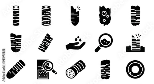 Collection of black sushi icons with various toppings and utensils on a simple background from a straightforward viewpoint