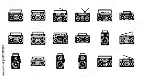 Collection of vintage radio icons arranged in a grid pattern on a white background