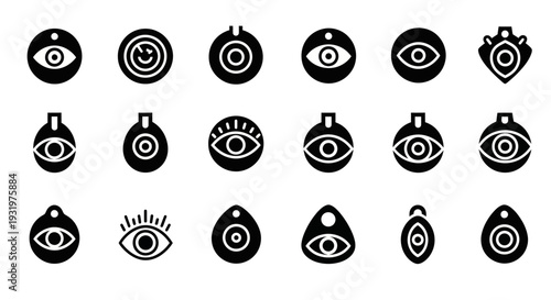 Collection of various minimalist eye and target icons in black on a plain background viewed from a straightforward perspective.