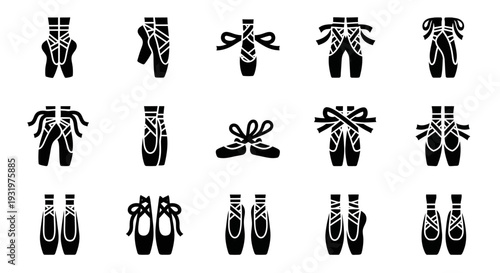Collection of various ballet shoes illustrated in black and white, showcasing different styles and designs