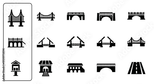 Collection of various bridge designs and architectural styles displayed in a grid format on a plain white background