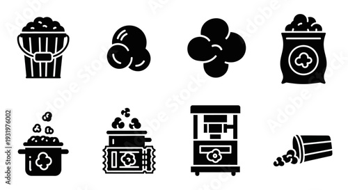 Assorted black and white icons representing various food items and vendors in a simple graphic illustration style.