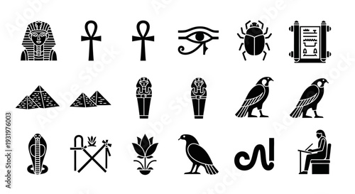 Ancient Egyptian symbols and hieroglyphics illustration showcasing ritualistic artifacts and mythological creatures in a minimalist style