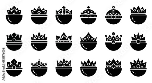 Collection of Crown Icons in Various Designs on Solid Background from Direct Viewpoint