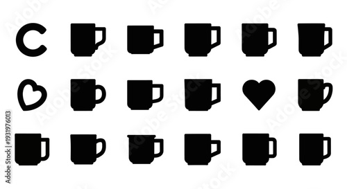 Collection of black coffee cups and symbols on white background viewed from directly above