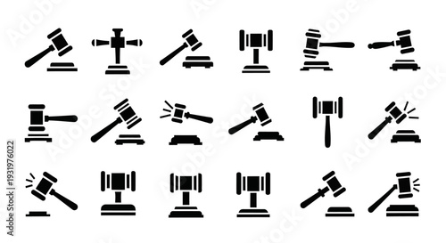 A collection of gavel icons in various positions, symbolizing justice and law, presented in a grid layout